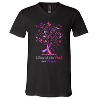 Domestic Violence Breast Cancer Awareness Month Ribbon Tree V-Neck T-Shirt