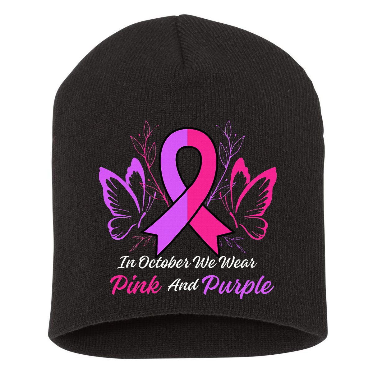 Domestic Violence Breast Cancer Awareness Month Ribbon Short Acrylic Beanie