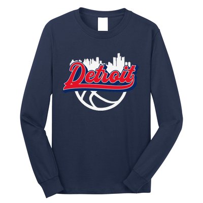 Detroit Vintage Basketball Script City Skyline Fan Long Sleeve Shirt