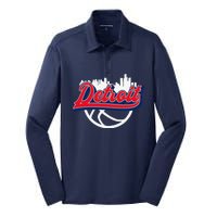 Detroit Vintage Basketball Script City Skyline Fan Silk Touch Performance Long Sleeve Polo