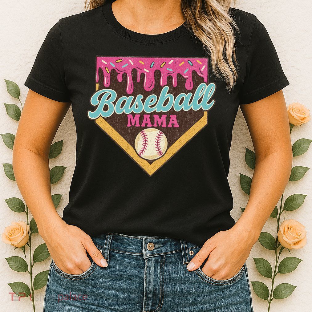 Distressed Vintage Baseball Mama Ice Cream Drip Womens T-Shirt