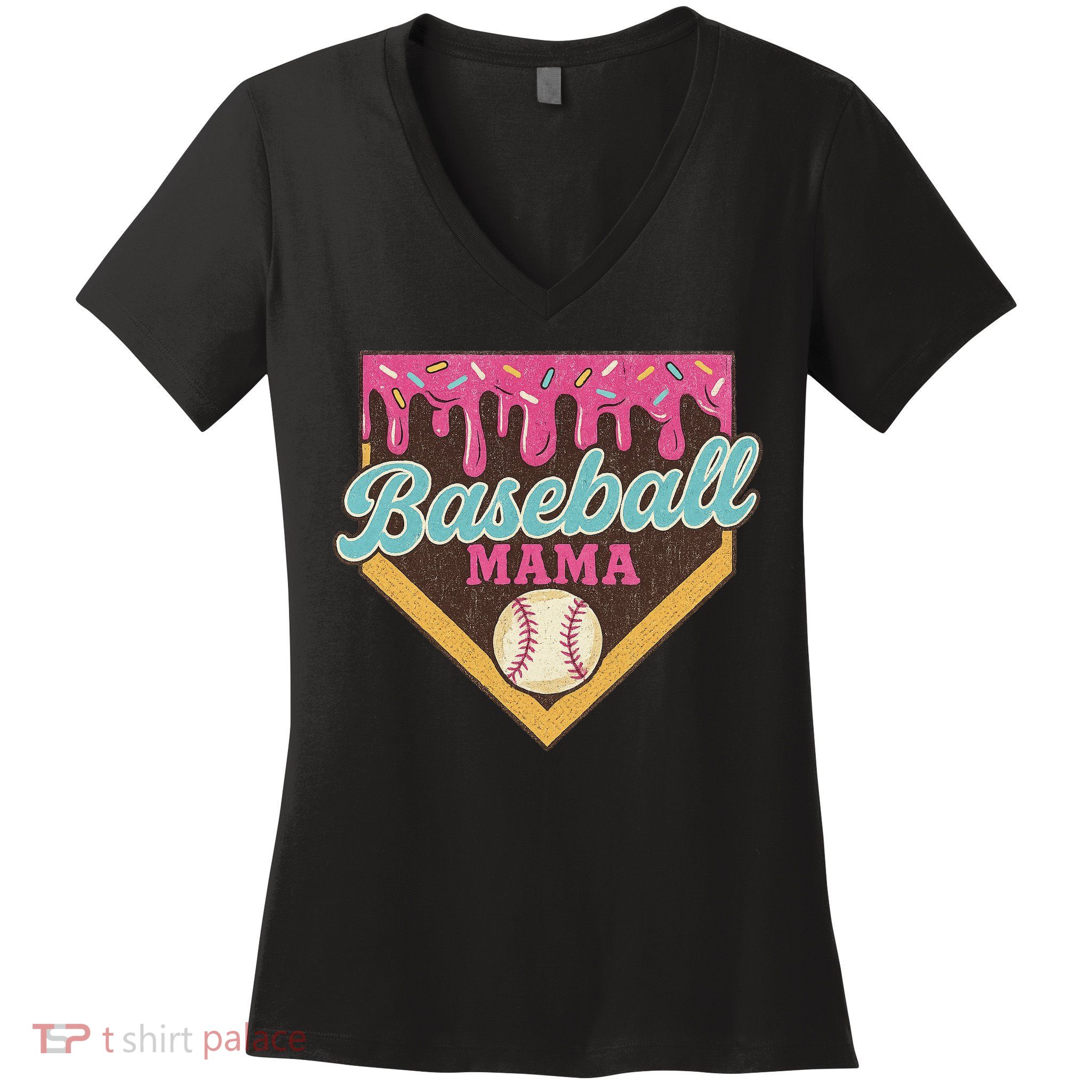 Distressed Vintage Baseball Mama Ice Cream Drip Women's V-Neck T-Shirt
