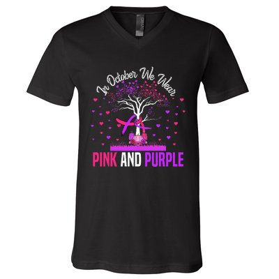 Domestic Violence Breast Cancer Awareness Month Ribbon Tree V-Neck T-Shirt