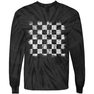 Distressed Vintage Chess Board Player Style Tie-Dye Long Sleeve Shirt
