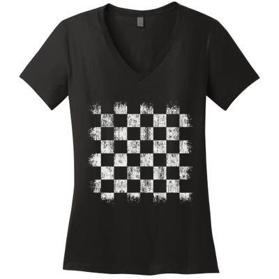 Distressed Vintage Chess Board Player Style Women's V-Neck T-Shirt
