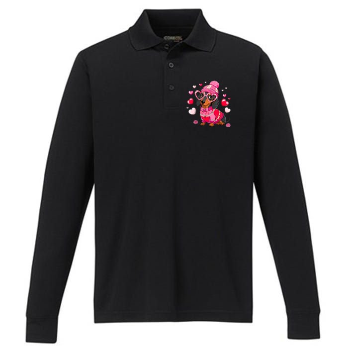 Dog Valentine Cute Dachshund ValentineS Day Performance Long Sleeve Polo