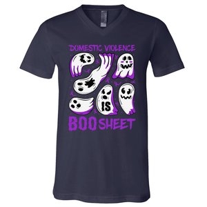 Domestic Violence Is Boo Sheet Ghost Purple Ribbon Halloween V-Neck T-Shirt