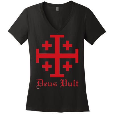 Deus Vult Jerusalem Cross Order Of The Holy Sepulchre Knight Women's V-Neck T-Shirt