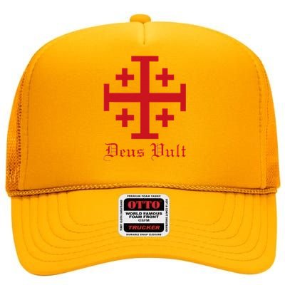 Deus Vult Jerusalem Cross Order Of The Holy Sepulchre Knight High Crown Mesh Back Trucker Hat