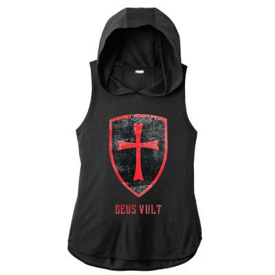 Deus Vult Knight Templar Cross Templar Vintage Medieval Ladies PosiCharge Tri-Blend Wicking Draft Hoodie Tank