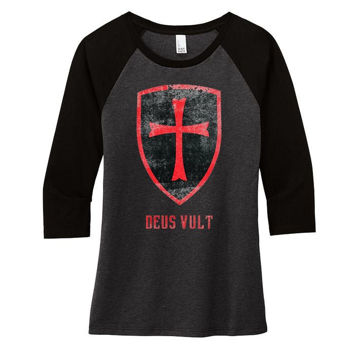 Deus Vult Knight Templar Cross Templar Vintage Medieval Women's Tri-Blend 3/4-Sleeve Raglan Shirt