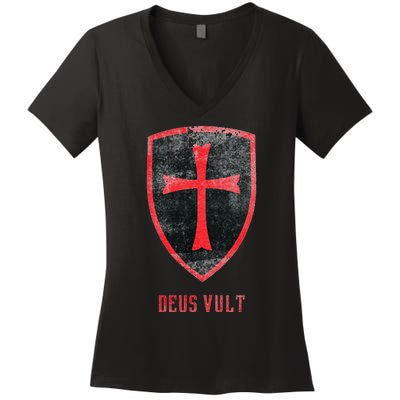 Deus Vult Knight Templar Cross Templar Vintage Medieval Women's V-Neck T-Shirt