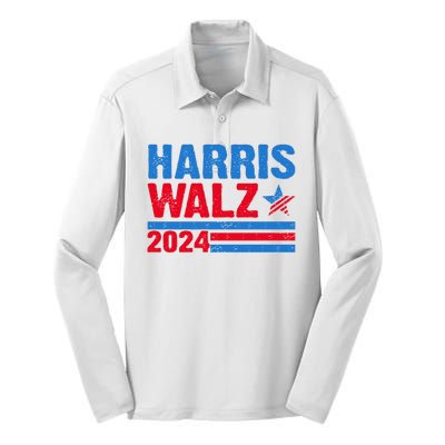 Distressed Vote Kamala Harris Tim Walz 2024 Election Silk Touch Performance Long Sleeve Polo