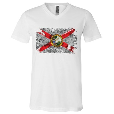 Distressed Vintage Retro Usa Patriotic Fl State Florida Flag V-Neck T-Shirt