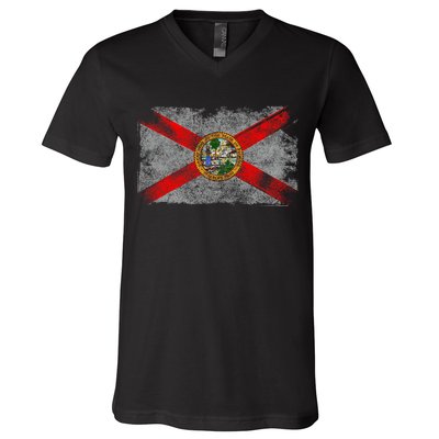 Distressed Vintage Retro Usa Patriotic Fl State Florida Flag V-Neck T-Shirt