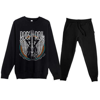 Distressed Vintage Retro 80s Rock & Roll Music Guitar Wings Premium Crewneck Sweatsuit Set