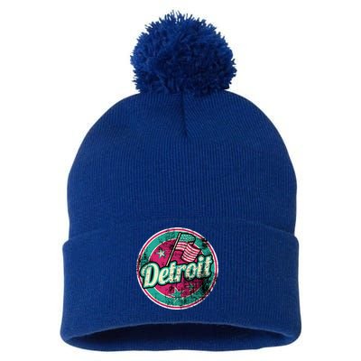 Detroit Vintage Style Rust Logo Pom Pom 12in Knit Beanie