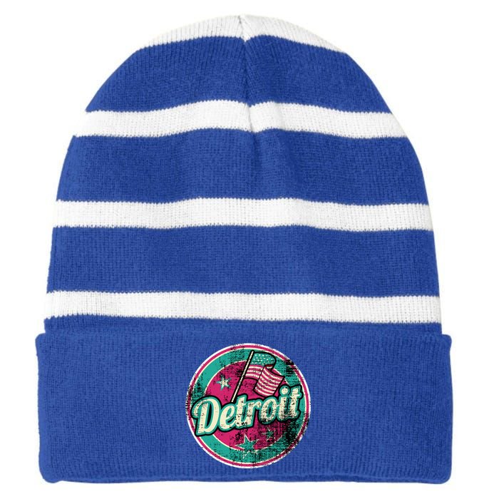 Detroit Vintage Style Rust Logo Striped Beanie with Solid Band