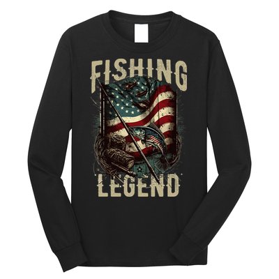 Distressed Vintage USA Flag Quote Fishing Legend Long Sleeve Shirt