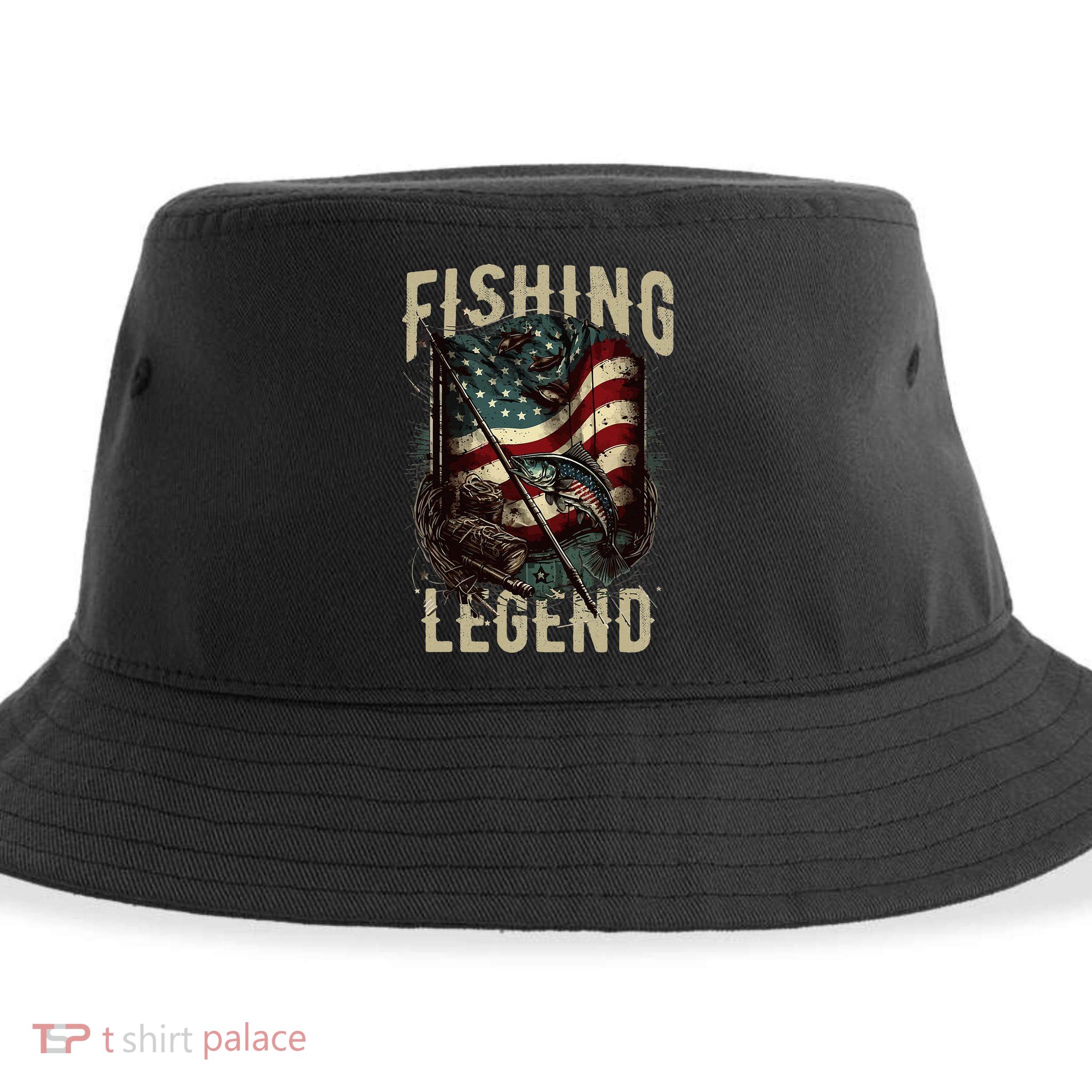 Distressed Vintage USA Flag Quote Fishing Legend Sustainable Bucket Hat