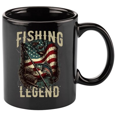 Distressed Vintage USA Flag Quote Fishing Legend 11oz C Handle Ceramic Mug