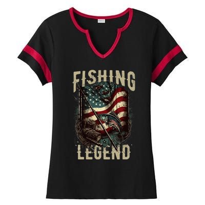 Distressed Vintage USA Flag Quote Fishing Legend Ladies Halftime Notch Neck Tee