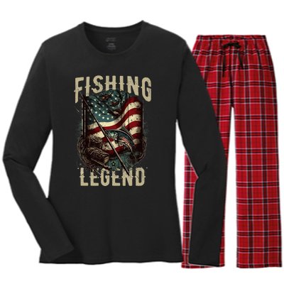 Distressed Vintage USA Flag Quote Fishing Legend Women's Long Sleeve Flannel Pajama Set 