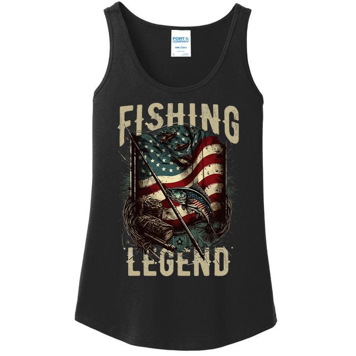 Distressed Vintage USA Flag Quote Fishing Legend Ladies Essential Tank