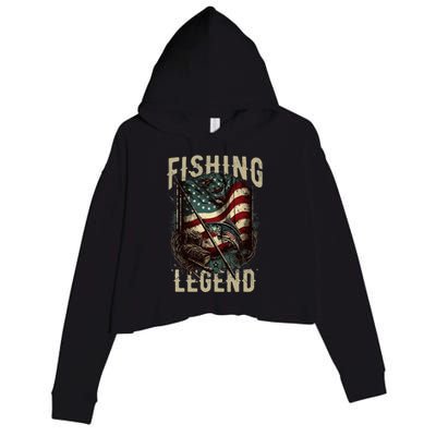 Distressed Vintage USA Flag Quote Fishing Legend Crop Fleece Hoodie