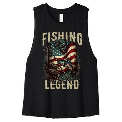 Distressed Vintage USA Flag Quote Fishing Legend Women's Racerback Cropped Tank