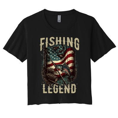 Distressed Vintage USA Flag Quote Fishing Legend Women's Crop Top Tee