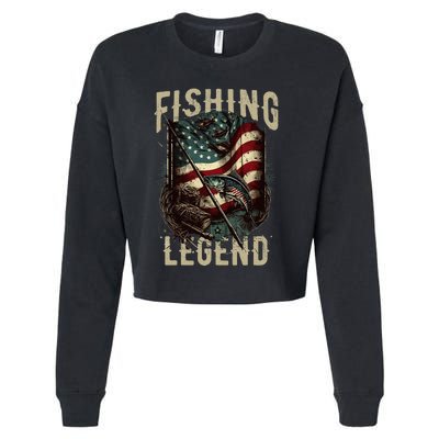 Distressed Vintage USA Flag Quote Fishing Legend Cropped Pullover Crew