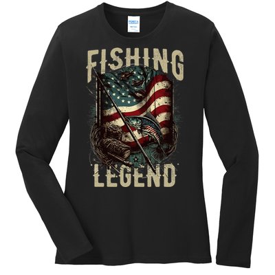 Distressed Vintage USA Flag Quote Fishing Legend Ladies Long Sleeve Shirt