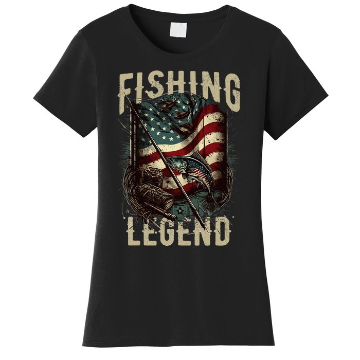 Distressed Vintage USA Flag Quote Fishing Legend Women's T-Shirt