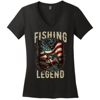 Distressed Vintage USA Flag Quote Fishing Legend Women's V-Neck T-Shirt