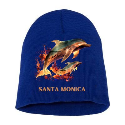 Dolphin Vacation Vintage Santa Monica Beach Destination Funny Gift Short Acrylic Beanie