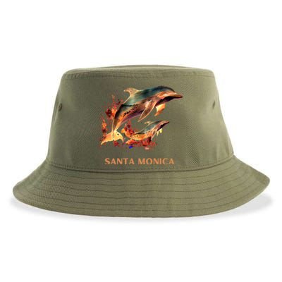 Dolphin Vacation Vintage Santa Monica Beach Destination Funny Gift Sustainable Bucket Hat