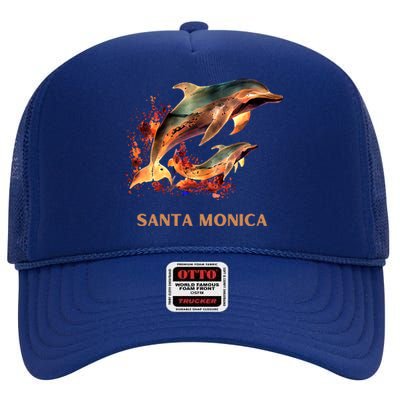 Dolphin Vacation Vintage Santa Monica Beach Destination Funny Gift High Crown Mesh Back Trucker Hat