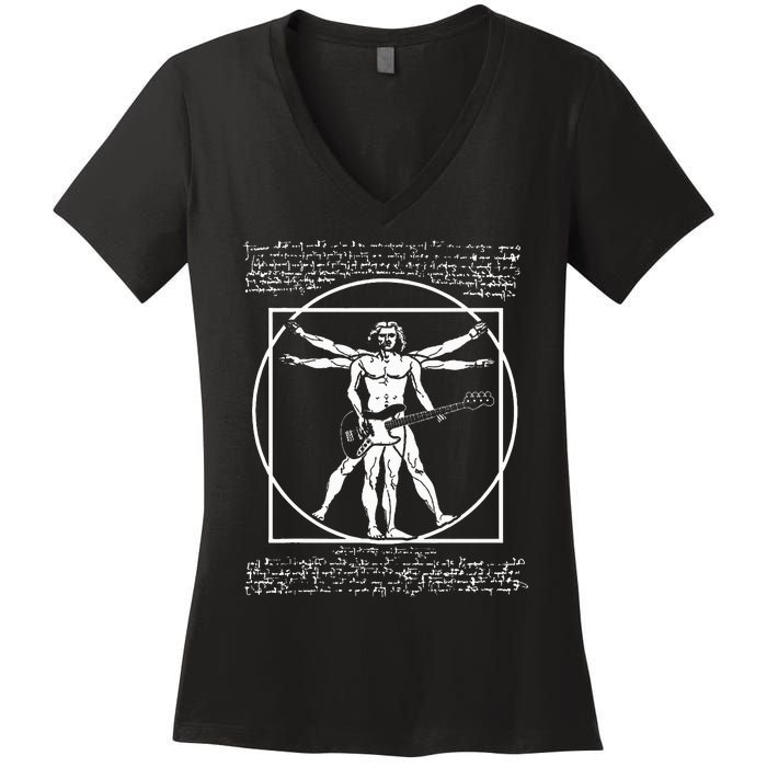 Da Vinci Vitruvian Man Bass Guitar Player Bass Guitarist Women's V-Neck T-Shirt