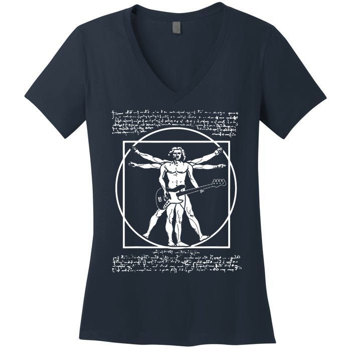 Da Vinci Vitruvian Man Bass Guitar Player Bass Guitarist Women's V-Neck T-Shirt