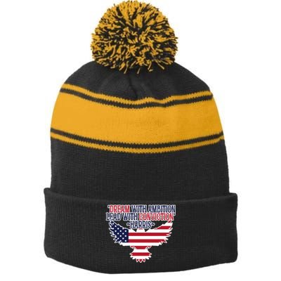 Dream With Ambition Lead With Conviction Kamala Harris Stripe Pom Pom Beanie