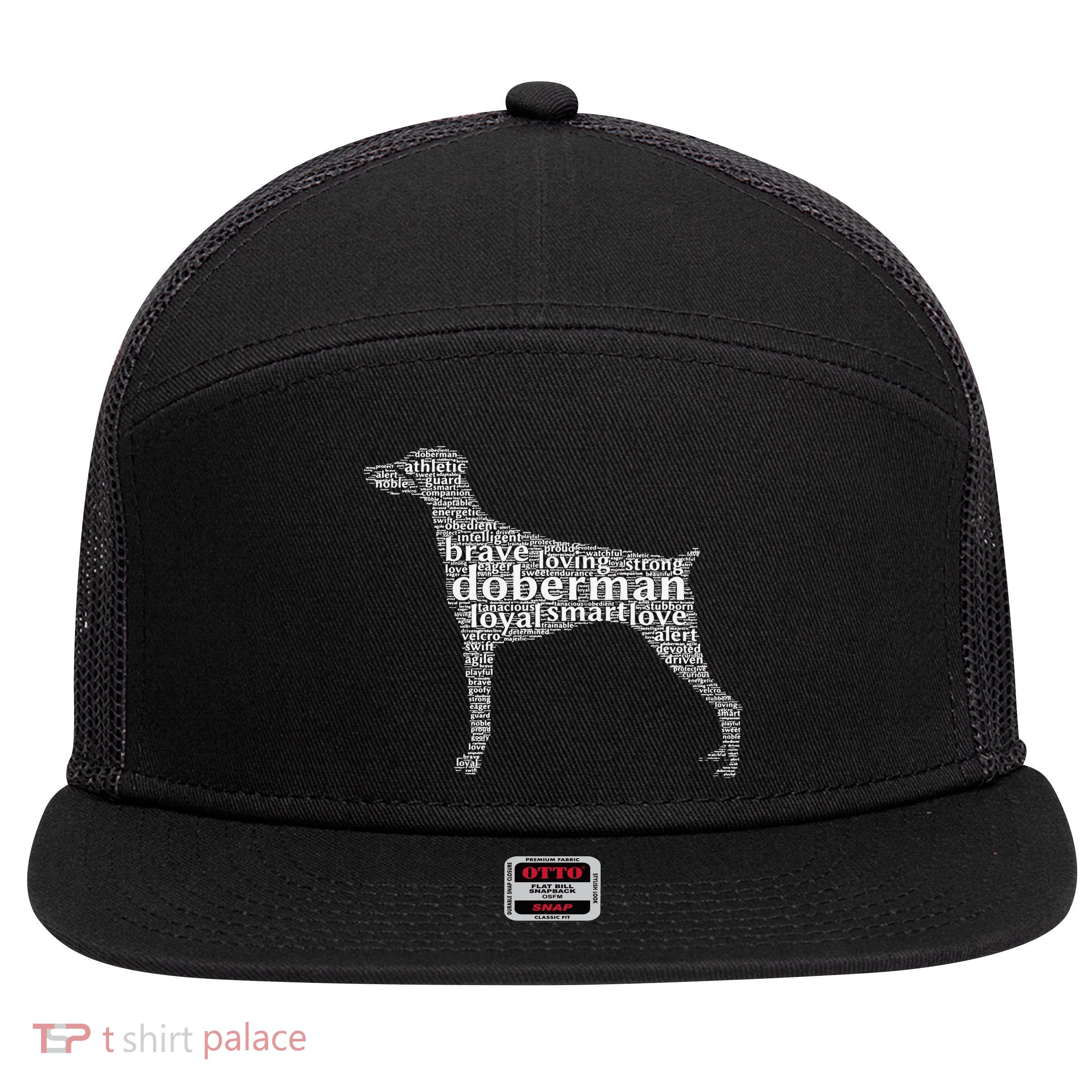 Doberman with a Docked Tail & Floppy Ears Word Cloud 7 Panel Mesh Trucker Snapback Hat