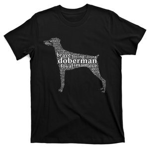 Doberman with a Docked Tail & Floppy Ears Word Cloud T-Shirt