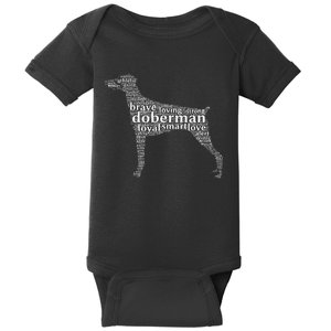 Doberman with a Docked Tail & Floppy Ears Word Cloud Baby Bodysuit