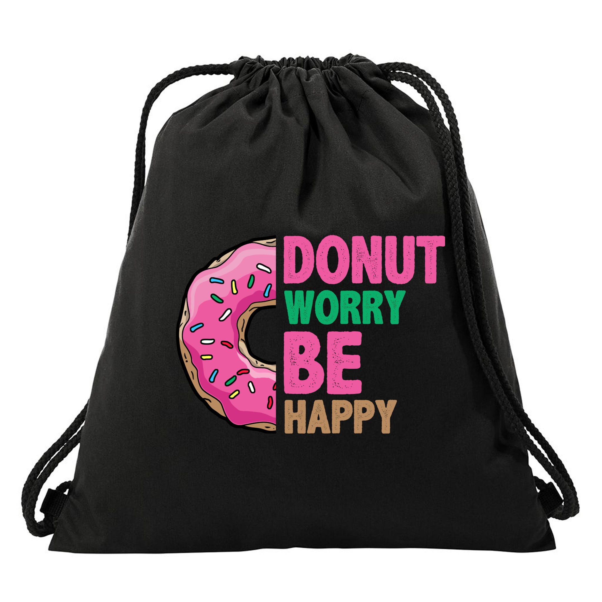 Donut Worry Be Happy Positive Quote Drawstring Bag