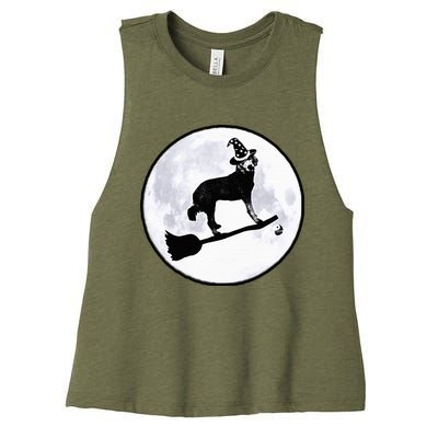 Dog Witch Broom Full Moon Doodle Dood Halloween Hat Women's Racerback Cropped Tank