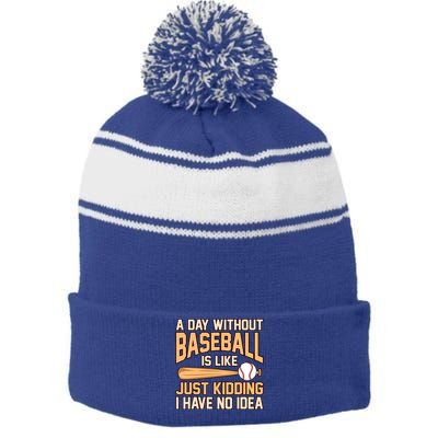 Day Without Baseball Sports Player Lover Coach Graphic Gift Stripe Pom Pom Beanie