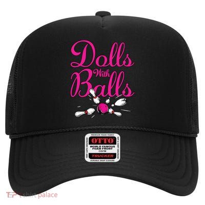 Dolls With Balls, Funny Women Bowling Team Name High Crown Mesh Back Trucker Hat