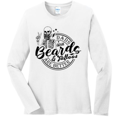 Dads With Beards And Tattoos Skeleton Fun Design Ladies Long Sleeve Shirt