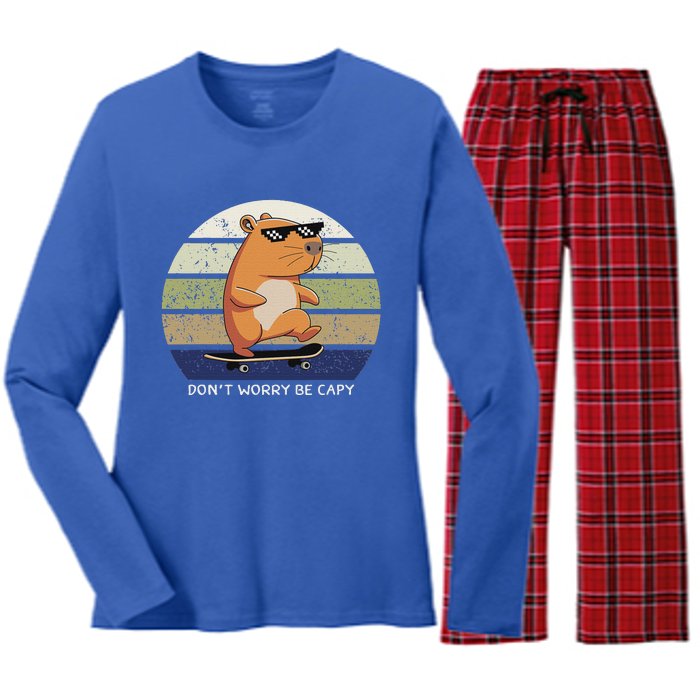 Dont Worry Be Capy Capybara Women's Long Sleeve Flannel Pajama Set 